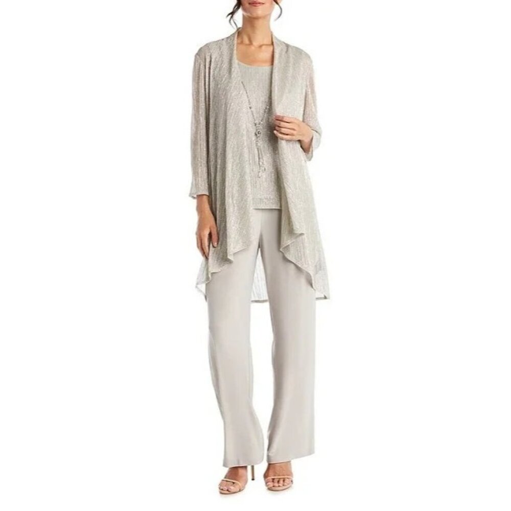R & M Richards 10P 12P Pant Suit Top Suit Jacket Silver Metallic Party NEW $190